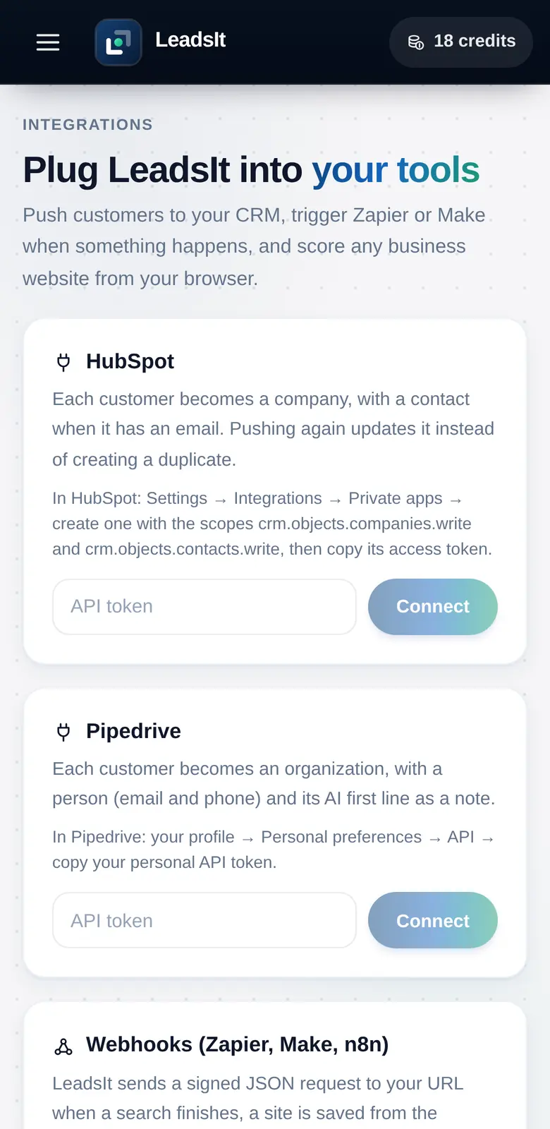 Integrations screen: connect HubSpot or Pipedrive with an API token, or add a webhook for Zapier, Make or n8n.