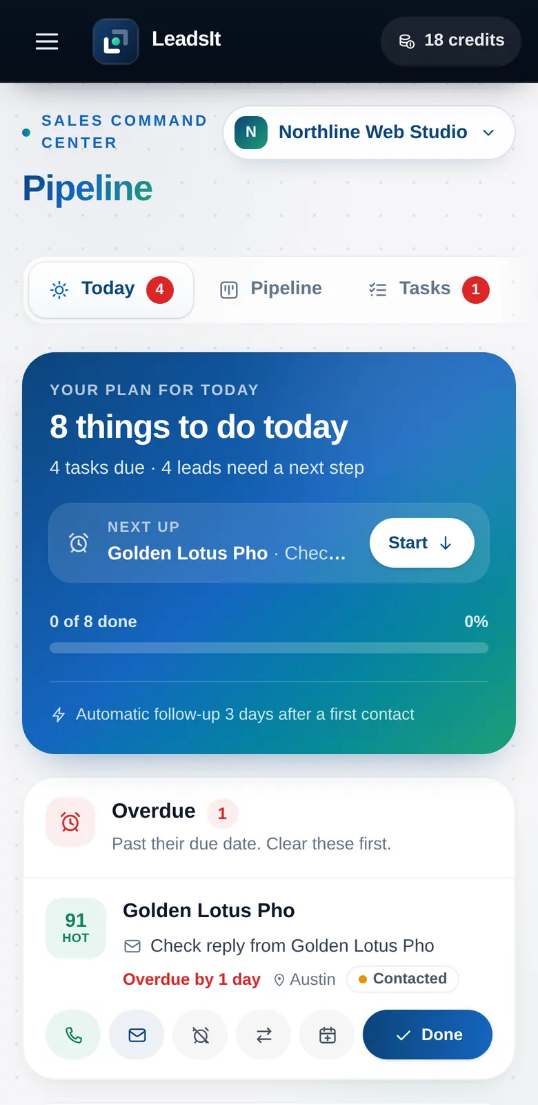 Pipeline board with New, Contacted, Proposal and Won columns; cards show the fit score, days in stage and the next task due today.