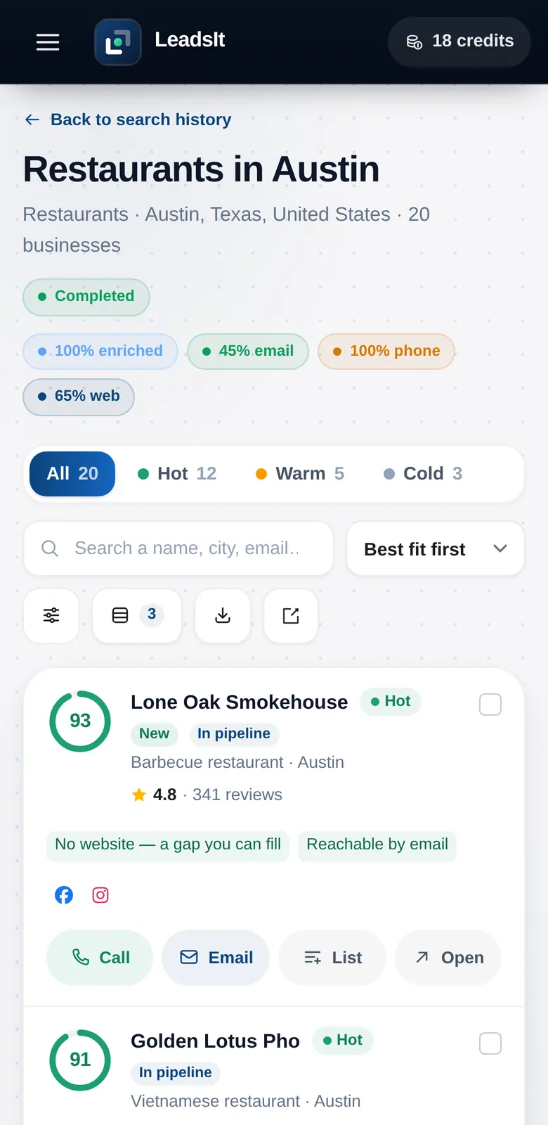Search results for restaurants in Austin: fit scores out of 100, Hot, Warm and Cold tabs, “No website, a gap you can fill” signals, phone and email per business.