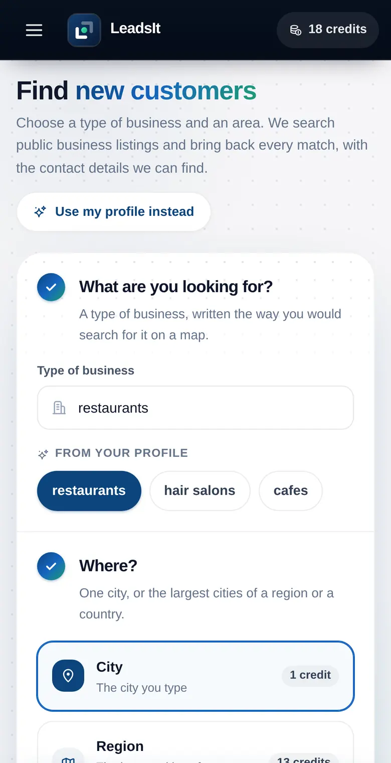LeadsIt search screen: type of business “restaurants” and city “Austin”, with categories suggested from the seller profile and a Start search button.