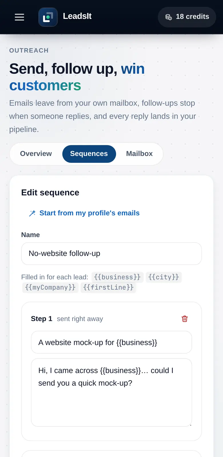 Sequence editor: step 1 sent right away, step 2 three days later, each with a subject and body filled in per business.