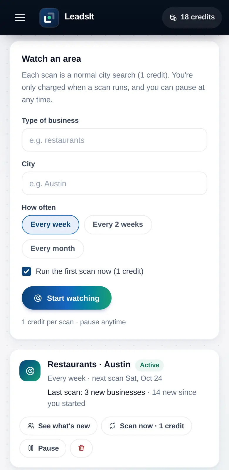 Territory watch for restaurants in Austin: scanned every week, last scan found 3 new businesses, 14 since the watch started.
