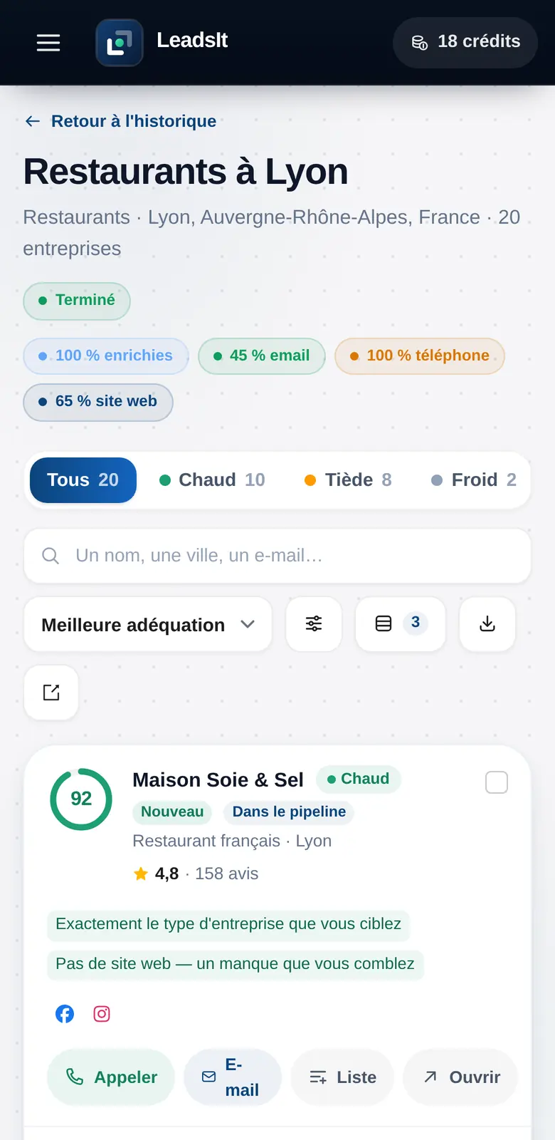 Résultats pour les restaurants à Lyon : score sur 100, onglets Chaud, Tiède et Froid, signal « pas de site web, un manque que vous comblez », téléphone et e-mail de chaque entreprise.