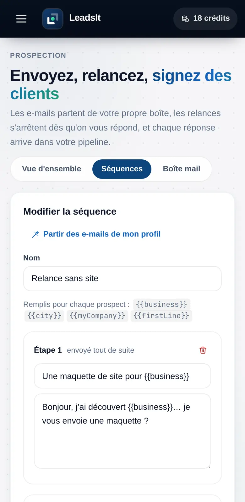 Éditeur de séquence : étape 1 envoyée tout de suite, étape 2 trois jours plus tard, objet et message remplis pour chaque entreprise.
