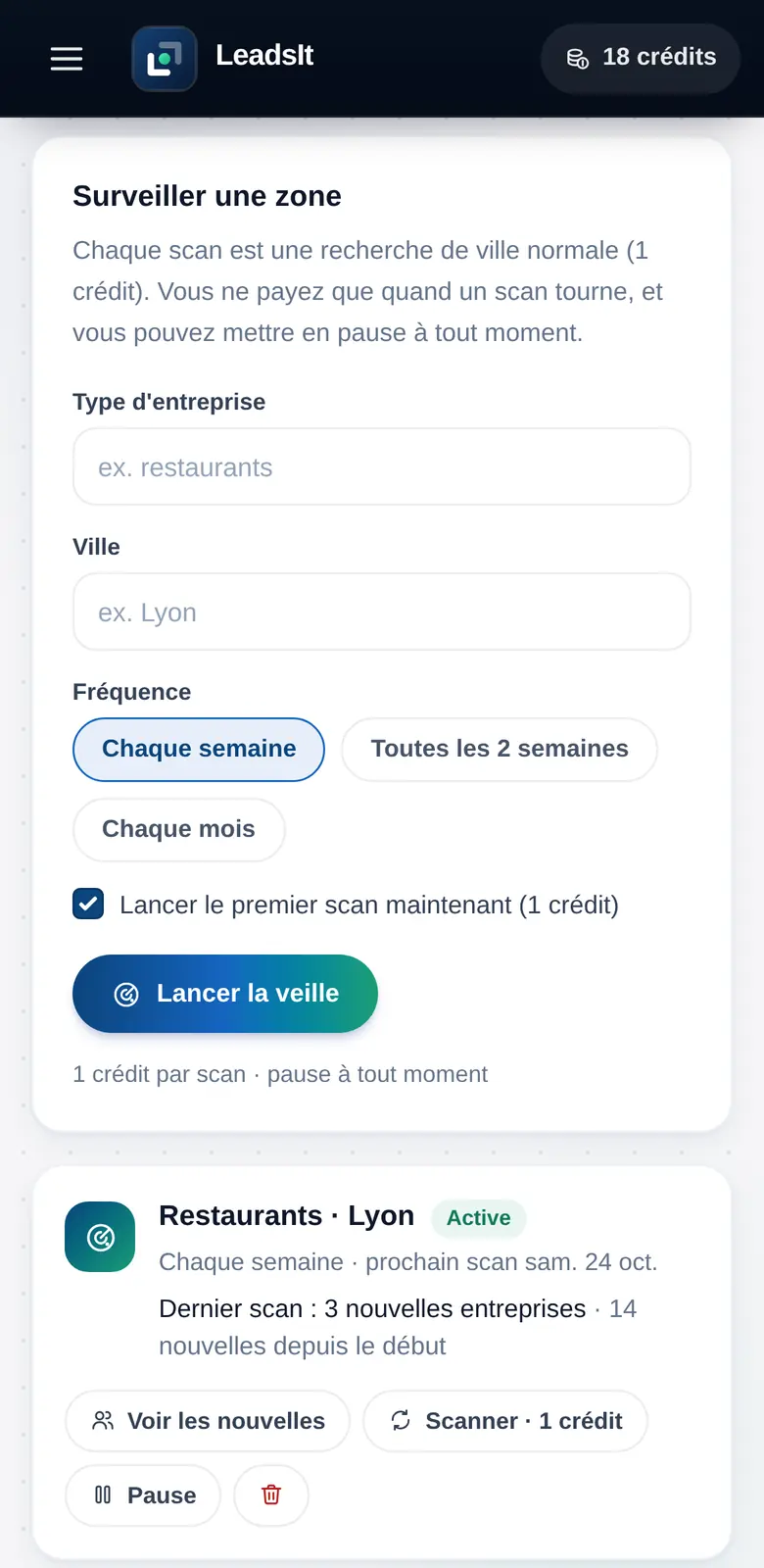 Veille de territoire sur les restaurants à Lyon : scan chaque semaine, 3 nouvelles entreprises au dernier scan, 14 depuis le début.